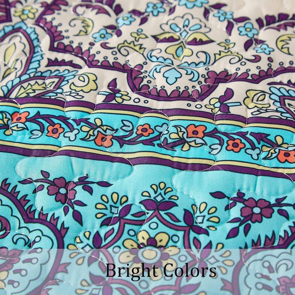 Boho Queen Quilt Set, Blue Bohemian Queen Quilt Bedding Set, Lightweight Microfiber Bed Decor Bedspread for All