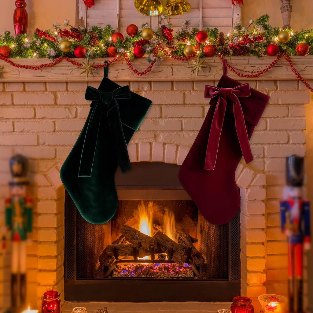 20 Inch Velvet Christmas Stocking, Christmas Decor Soft Velvet Stockings with Large Decorative Bow Luxury Velvet