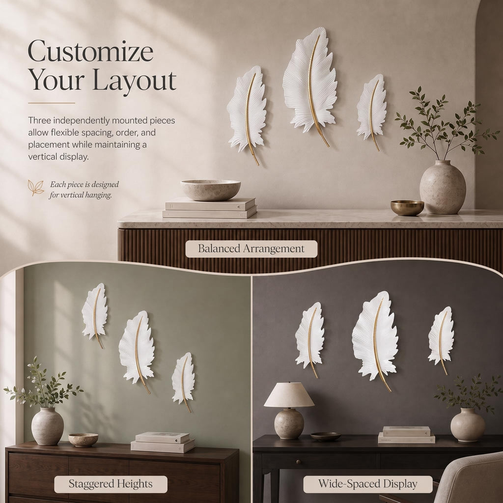 3-Piece 3D Metal Feather Wall Decor Set, White & Gold