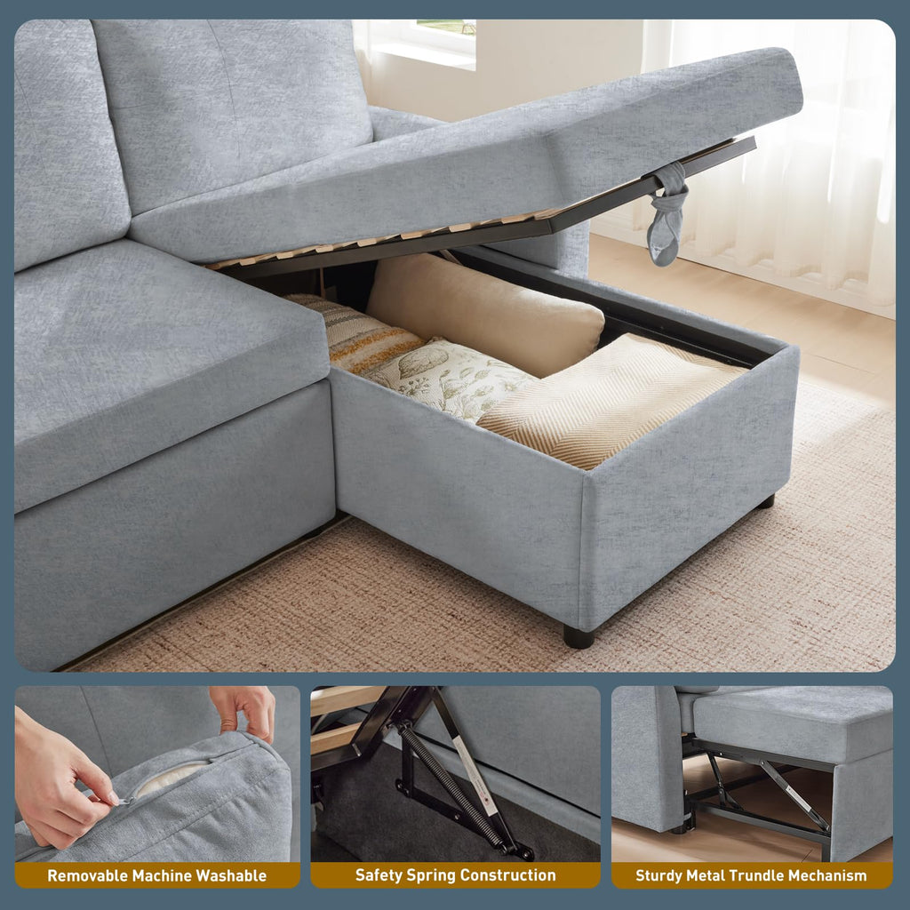 85" L Shaped Sectional Sofa Couch, Pull Out Couch Sleeper Sofa Bed, Soft Chenille Deep Seat Sofa, Reversible Chaise