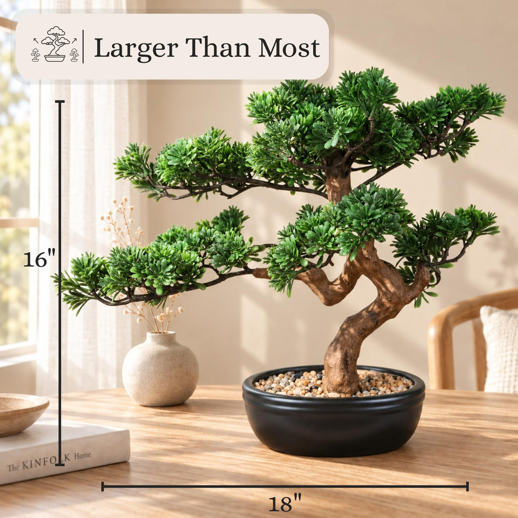 Artificial Bonsai Tree 16" Tall with Realistic Wood and Ceramic Pot, Fake Plants Desk, Japanese Decor