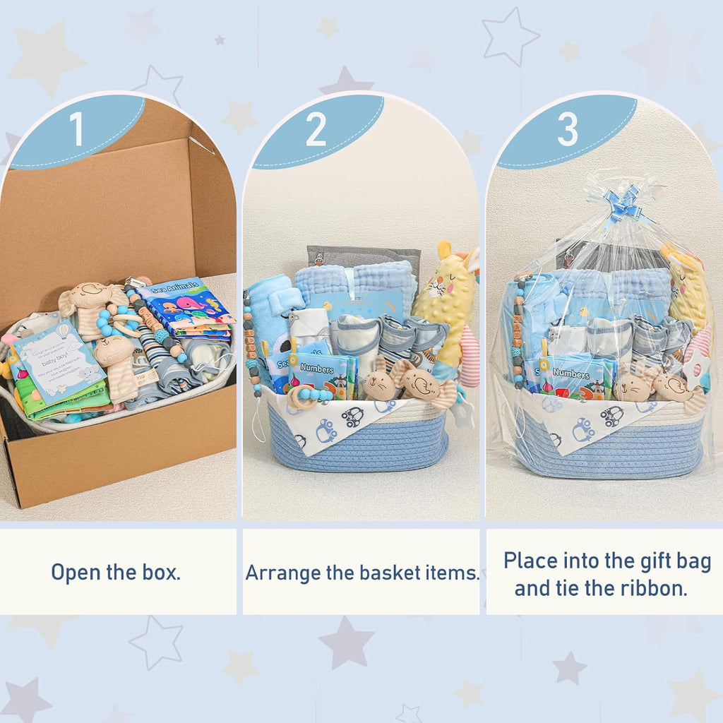 Baby Boy Gifts,Baby Shower Gifts for Boys,Large Baby Boy Gift Basket Set with Swaddle Rattle Toys,Essential