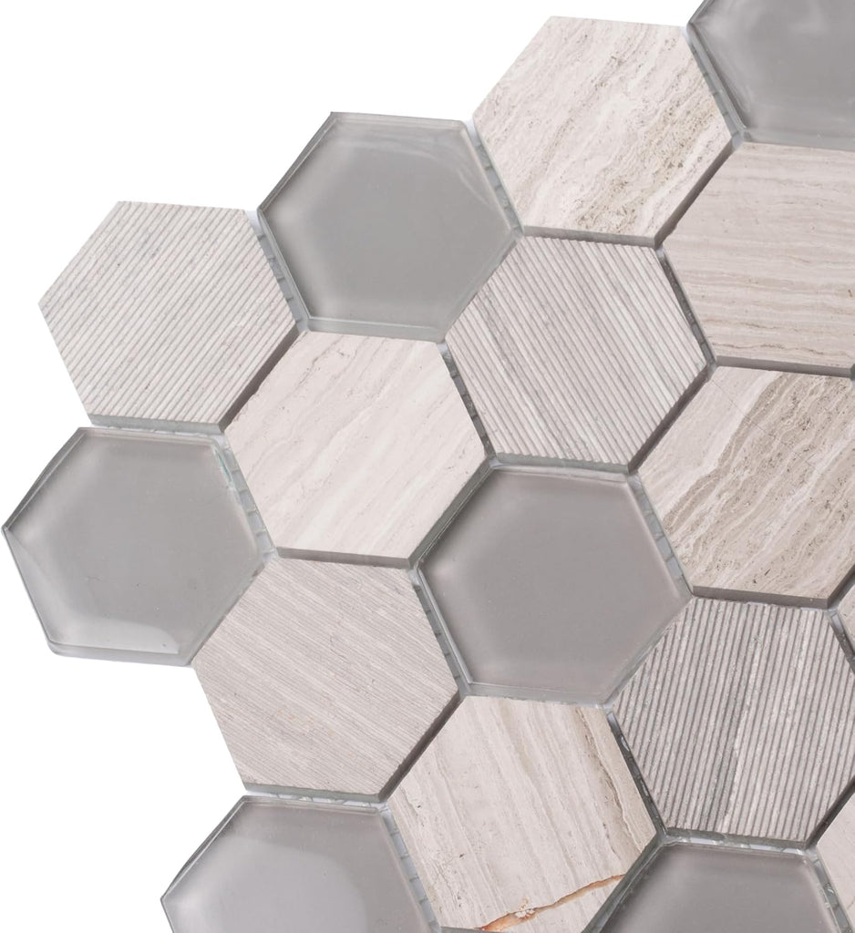 Hexagon Mosaic Glass & Marble Tile Grey 11.8x12 Polished 4.92 sq ft 5-Pack | Mesh-mounted natural stone. Kitchen