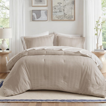 Striped Comforter Set King, 7 Pieces Modern Minimalist Jacquard Bedding Set for All Season, Bed in A Bag with Sheet