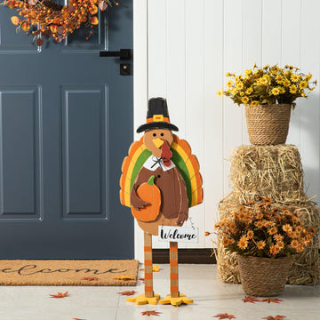 30'H Thanksgiving Wood Turkey Porch Sign, Farmhouse Turkey Pumpkin Welcome Standing Decor for Fall Harvest, Rustic