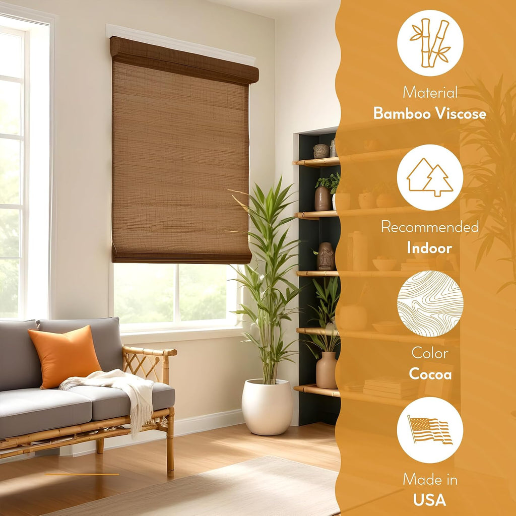 Cordless Bamboo Roman Shades for Windows - Flatstick Bamboo Blinds for Semi-Private Light Control - Easy to Lift & Fold Up Window Shades - Cocoa - 23 in. W x 64 in. L - (2216300E)