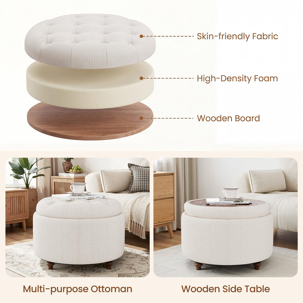 25" Round Ottoman with Storage, Small Coffee Table with Reversible Tray Lid