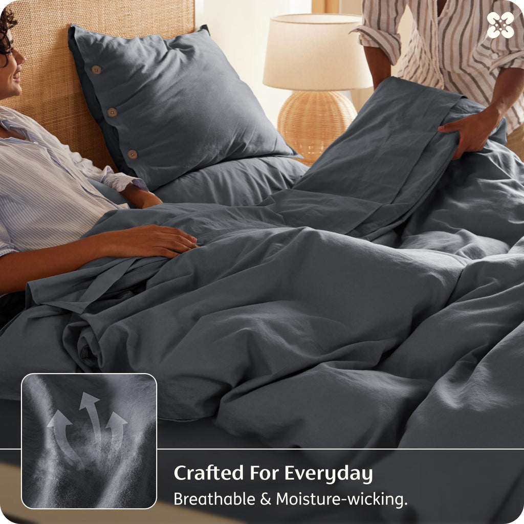 PureWoven Linen Duvet Cover, Linen-Cotton, Charcoal Grey
