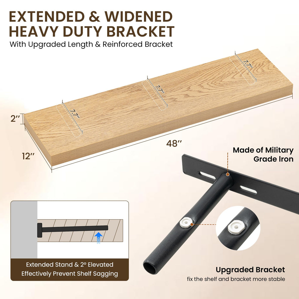48" Floating Shelves for Wall, 12" Deep Thicker Oak Floating Shelves, Wall-Mounted Shelves - Set of 2