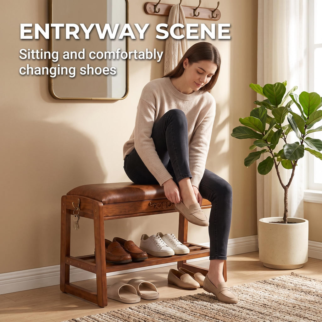 Shoe Rack Bench Solid Wood Shoe Storage Bench Entryway Shoe Bench 23.6''