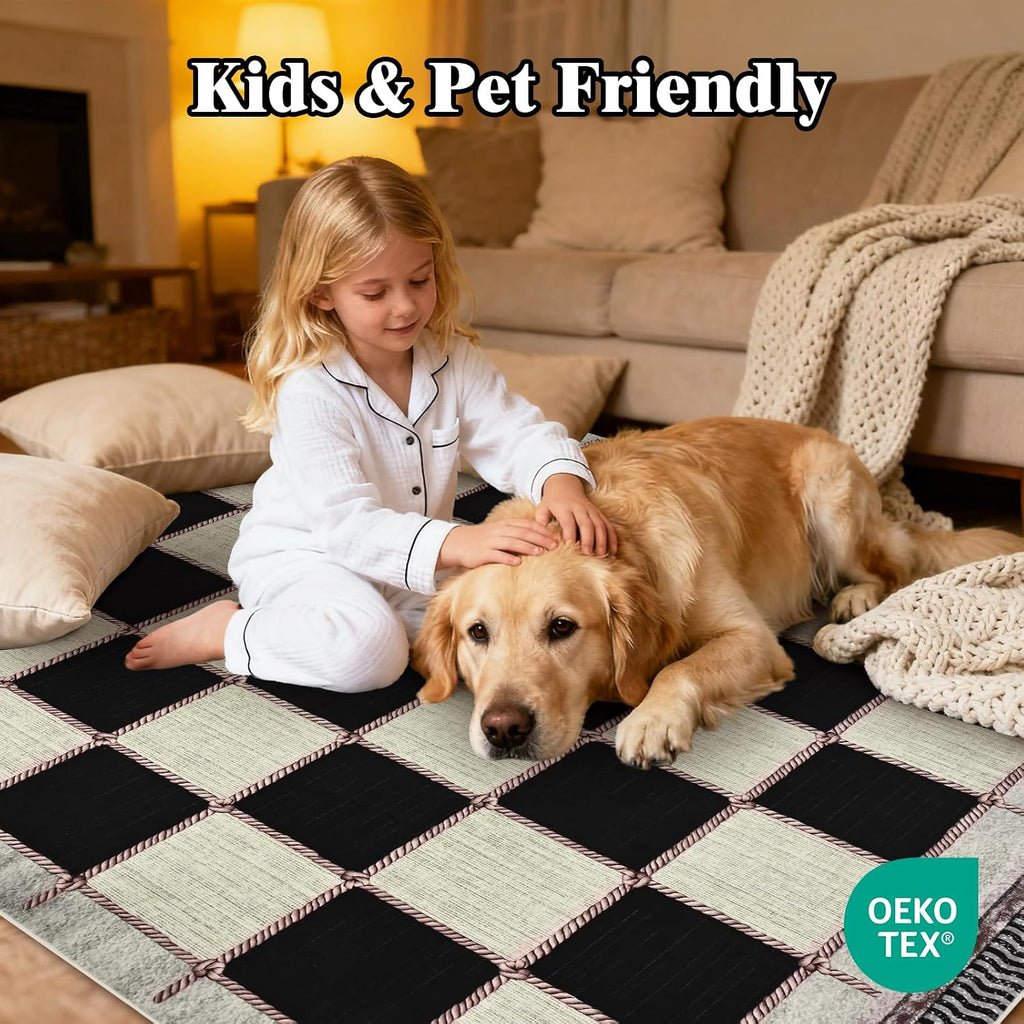 Checkered 8x10 Area Rugs, Washable Large Bedroom Rug