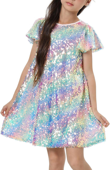 Sequin Dress Shiny Short Flutter Sleeve Midi Sparkly Party Dress with Hairbow