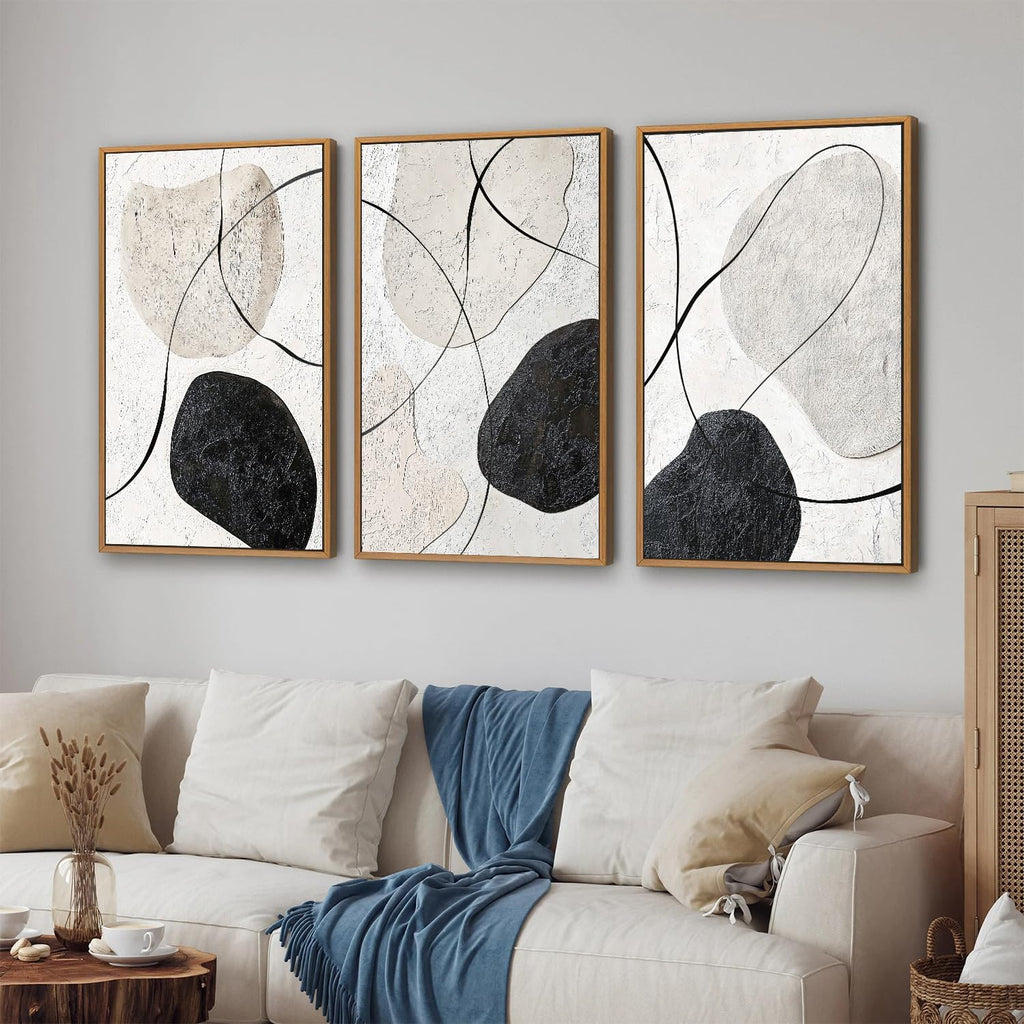 Black and White Framed Canvas Wall Art Set, Neutral Abstract Wall Decor, Modern Minimalist Geometric Art Prints, Calm