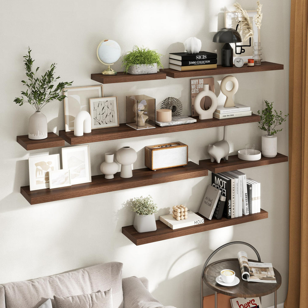 24 Inch Floating Shelves, 8"Deep Wall Shelf, 44 Lbs Capacity, Walnut, 2pcs
