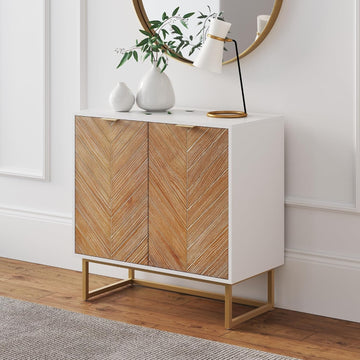 Enloe Modern Storage Free Standing Accent Cabinet White with Doors in a Rustic Pine Wood Finish and Gold