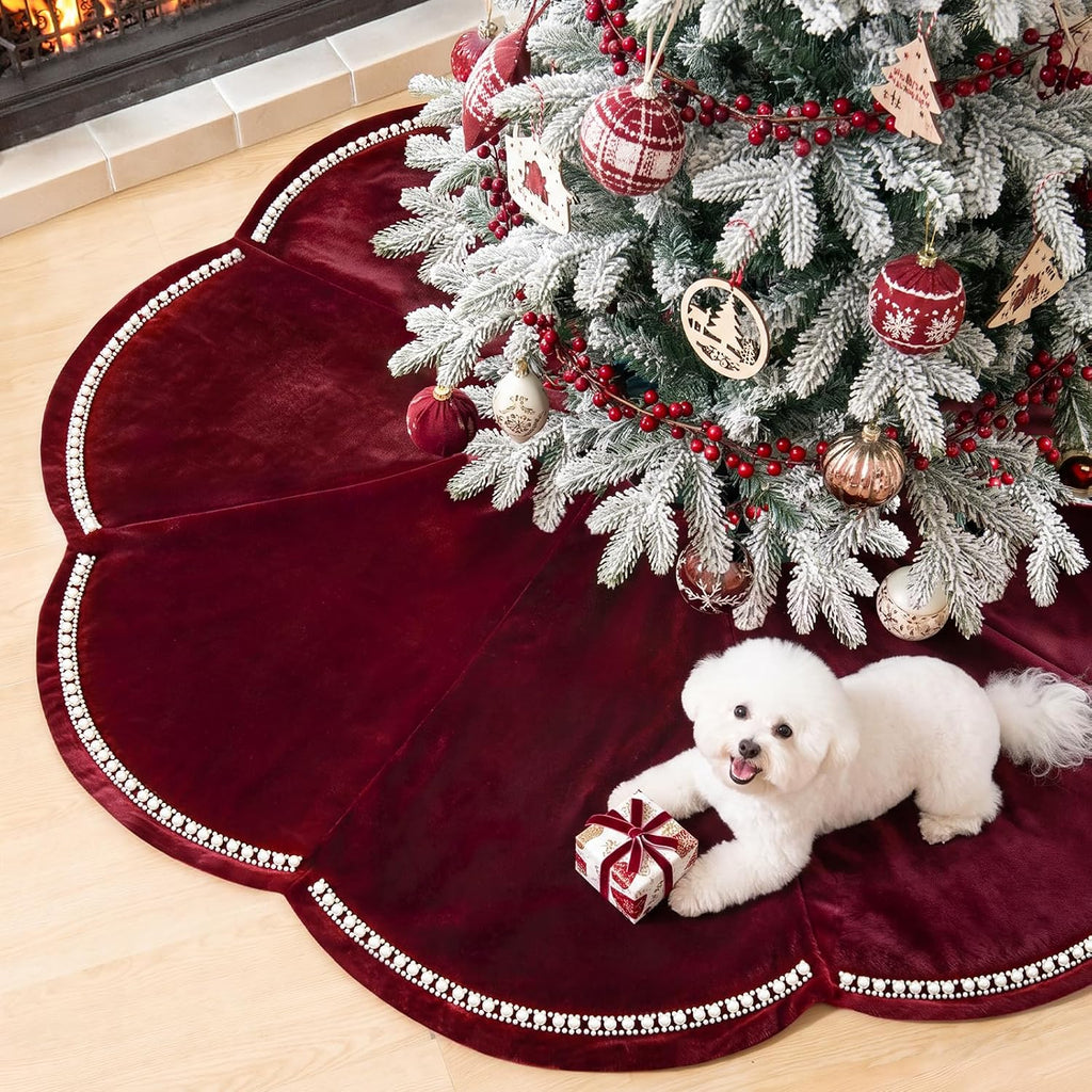 60 Inch Red Velvet Christmas Tree Skirt with Scalloped Edge & Pearl Trim
