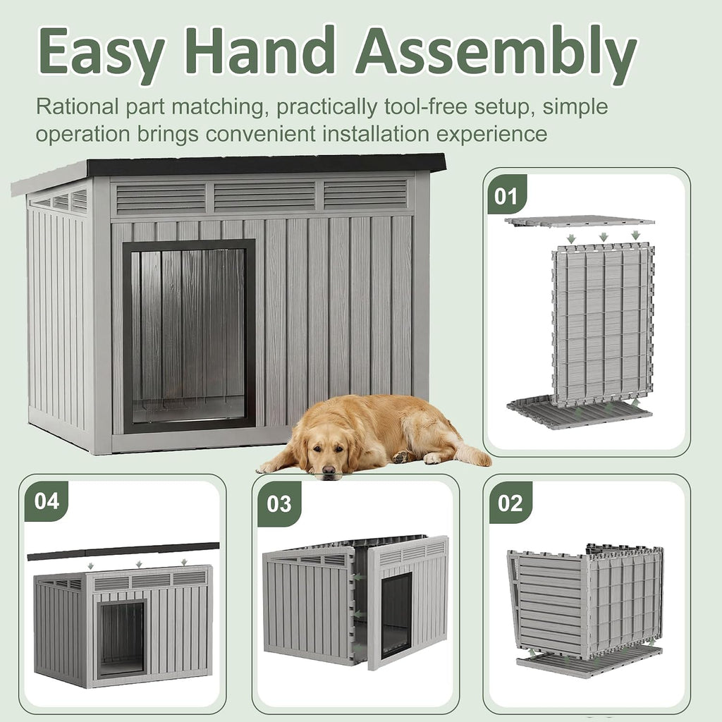Large Dog House, Weatherproof Resin Large Dog House Outdoor with Sloped Roof & Ventilation, Indoor Outdoor Dog House