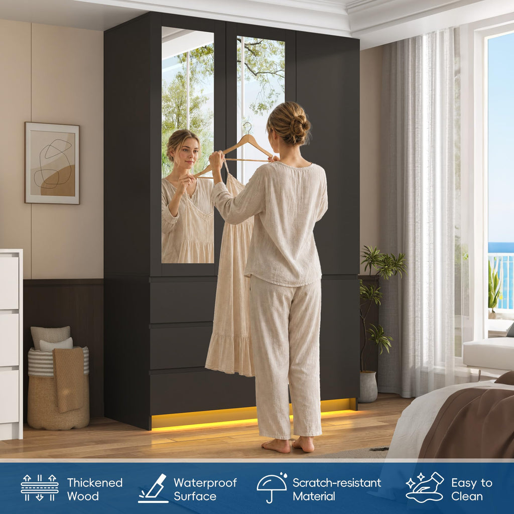75" Tall Modern Wardrobe Closet with 2 Mirrors, LED Lights, 47"W Armoire Wardrobe Cabinet with 3 Drawers, Hanging
