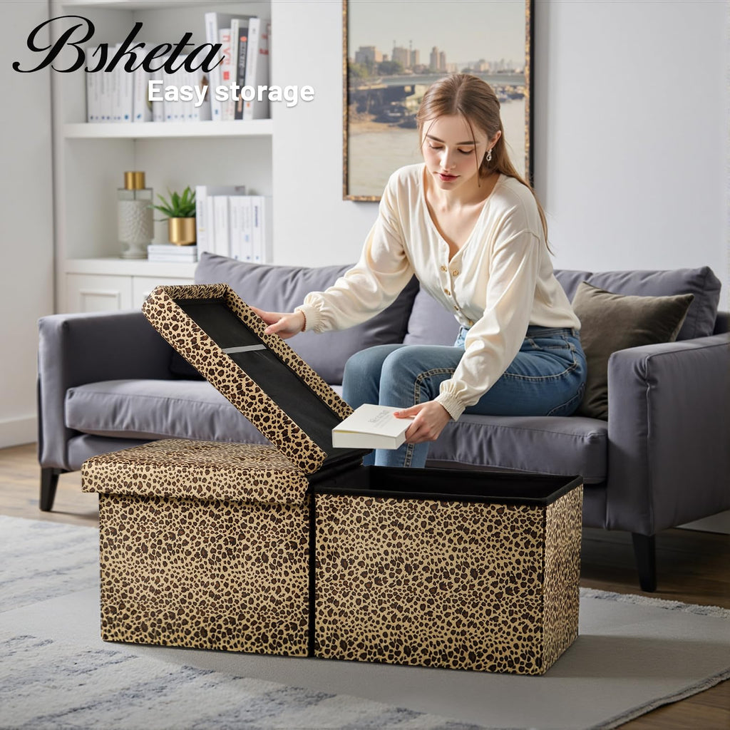 Storage Ottoman Bench, 34" Folding Velvet Foot Rest, Leopard Print