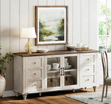 Sideboard Buffet Cabinets with Glass Door, Kitchen Storage Cabinets, Wood Coffee Bar Tables, Accent Sideboard Storage