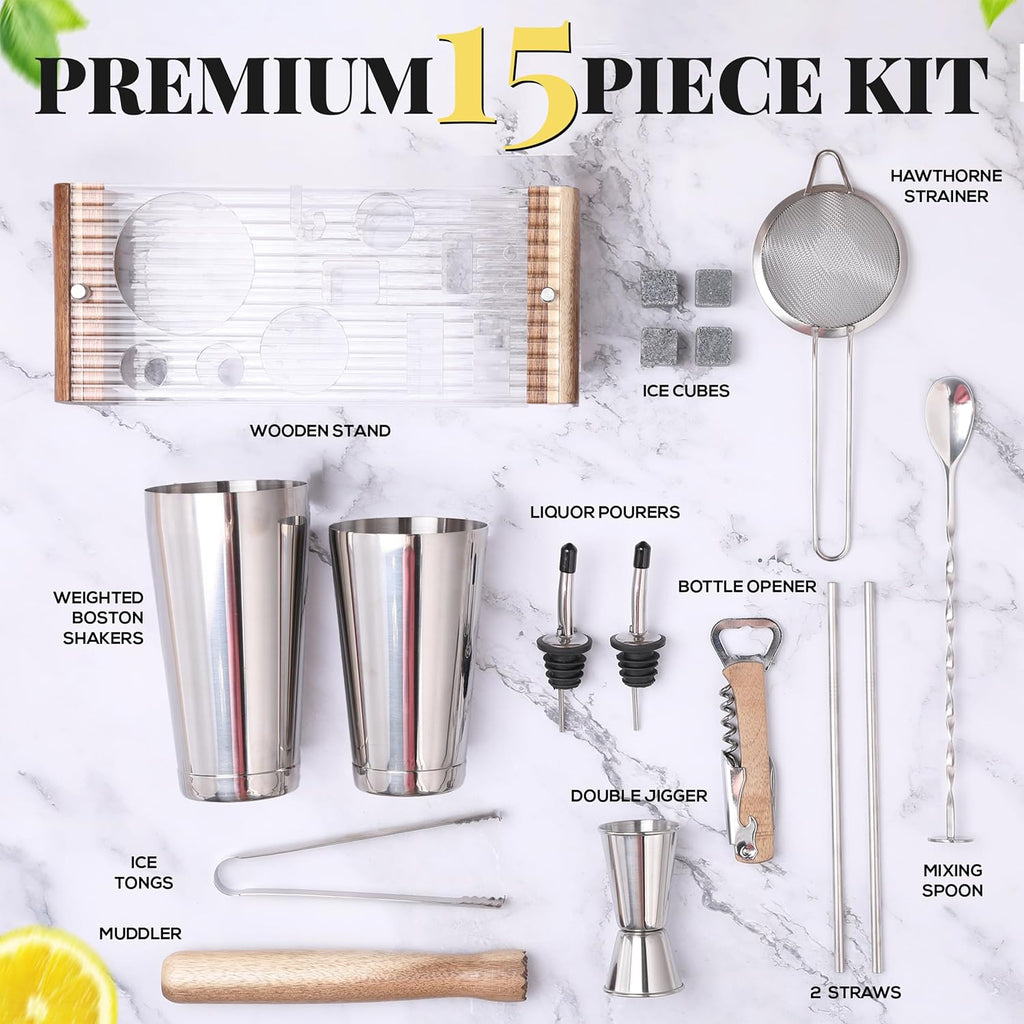 Mixology Bartender Kit with Stand - Bar Tool Set, Silver Bar Set Cocktail Shaker Set for Drink Mixing - Set of 15