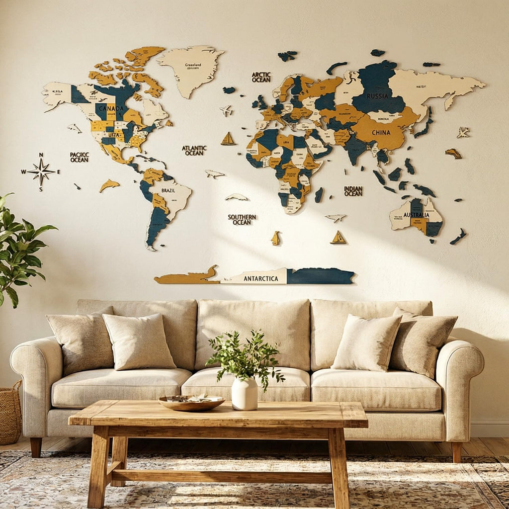 Layered 3D Wooden World Map Wall Art (XXL, Gold-Blue)