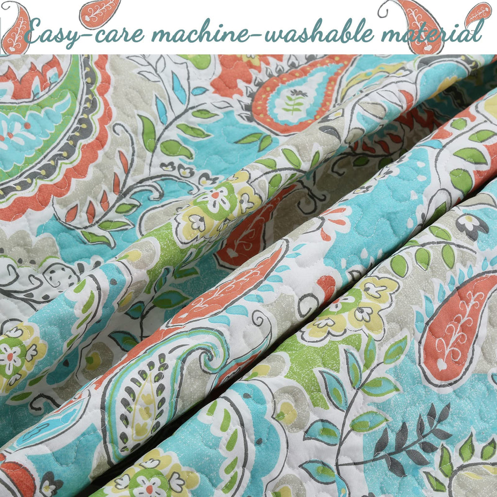Turquoise Blue Coral Floral Leaf Reversible Quilt Bedding Set, Coverlet Bedspread Lightweight for All Seasons (Mirage