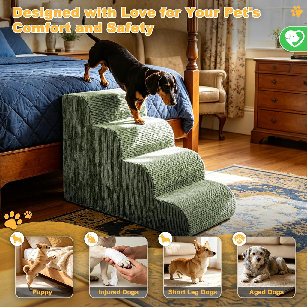 Dog Stairs for Small Dogs 18" H, 4-Step Dog Ramp for Aged and Injured Dogs, Foam Pet Stairs for Cats to Get on Bed