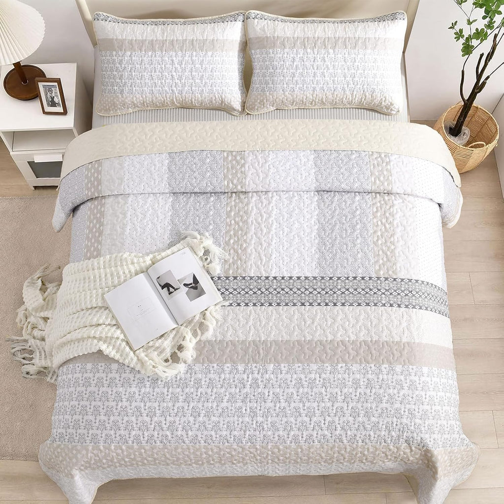 Beige Quilt Queen, Bohemian Stripe Quilt Sets 3 Pieces Beige Boho Quilted Bedspread Set Lightweight Microfiber