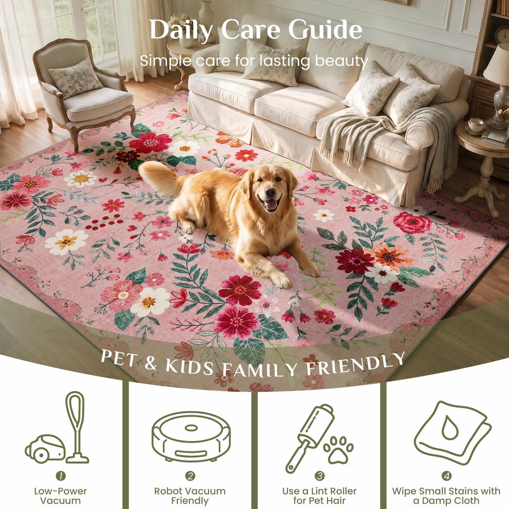 Floral Runner Rug 2x8, Washable Rug, Pink