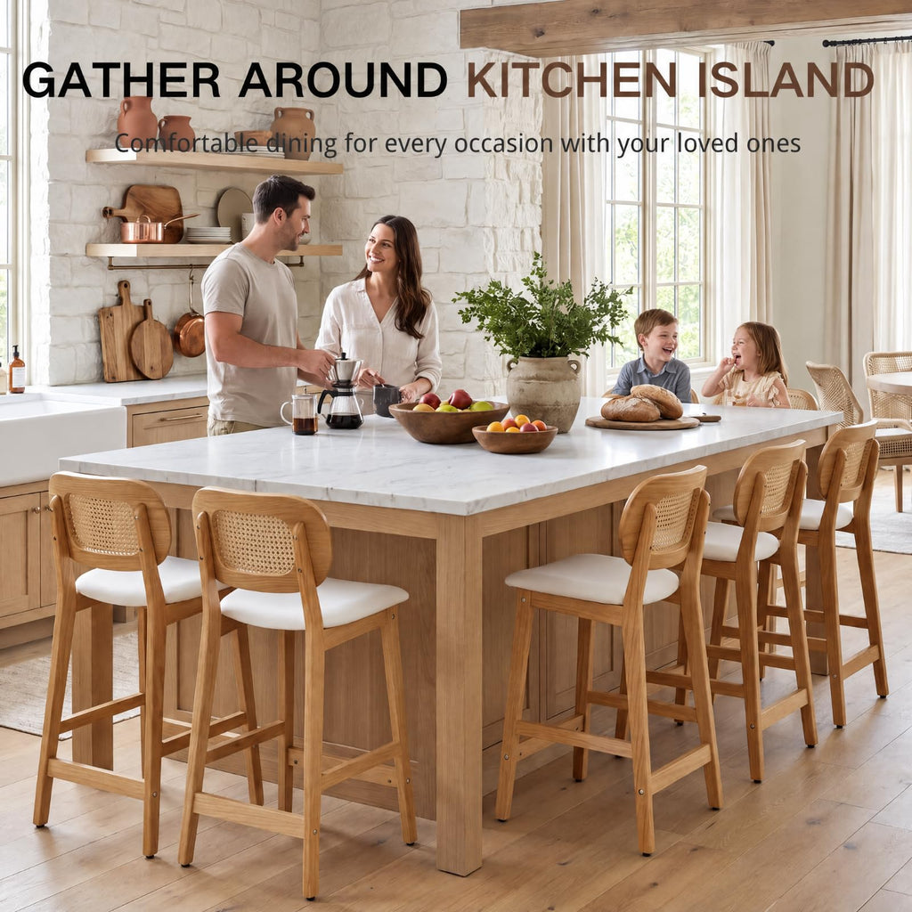 Rattan Counter Height Bar Stools Set of 3 Modern Farmhouse Barstools with Cane Backs 26 Inch Wood Counter Stool