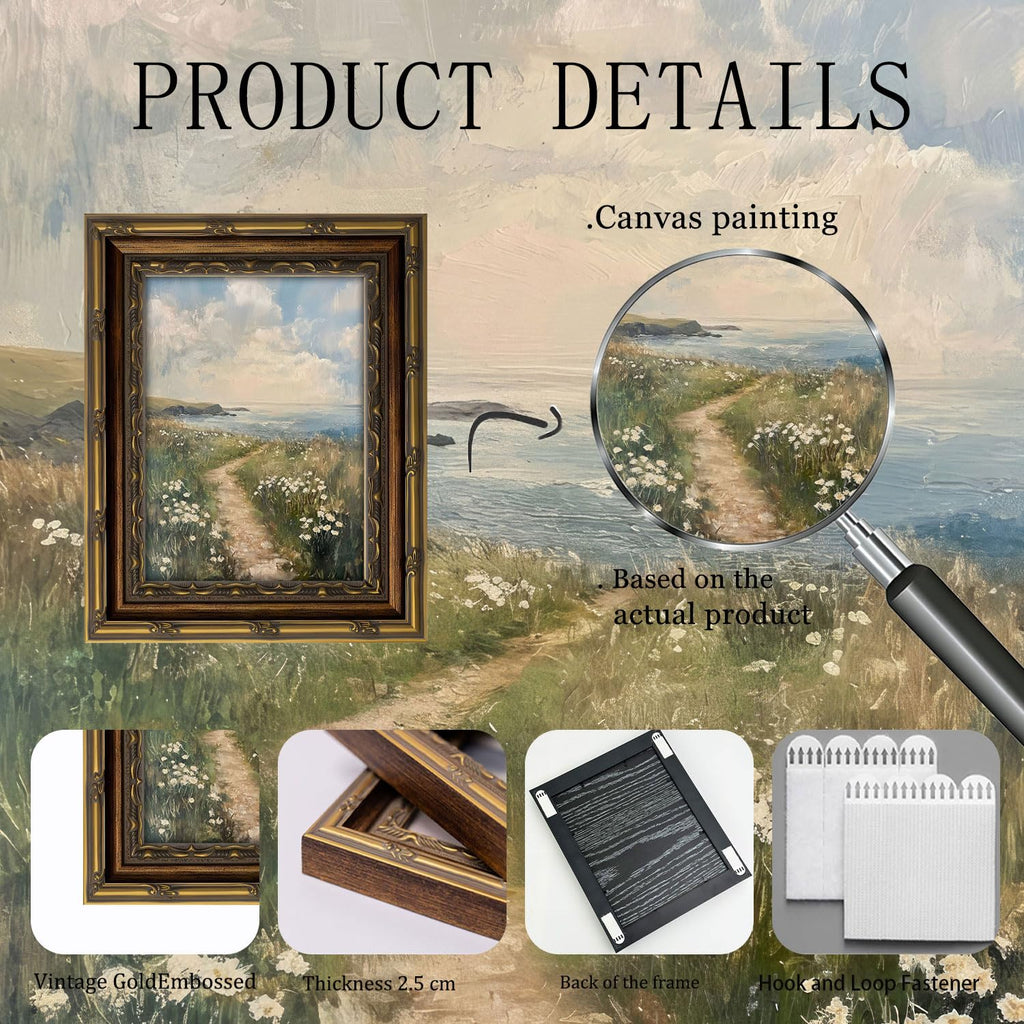 Gold Framed Wall Art, Coastal Landscape Canvas Prints - Vintage Seascape with White Wildflowers Pictures, Summer