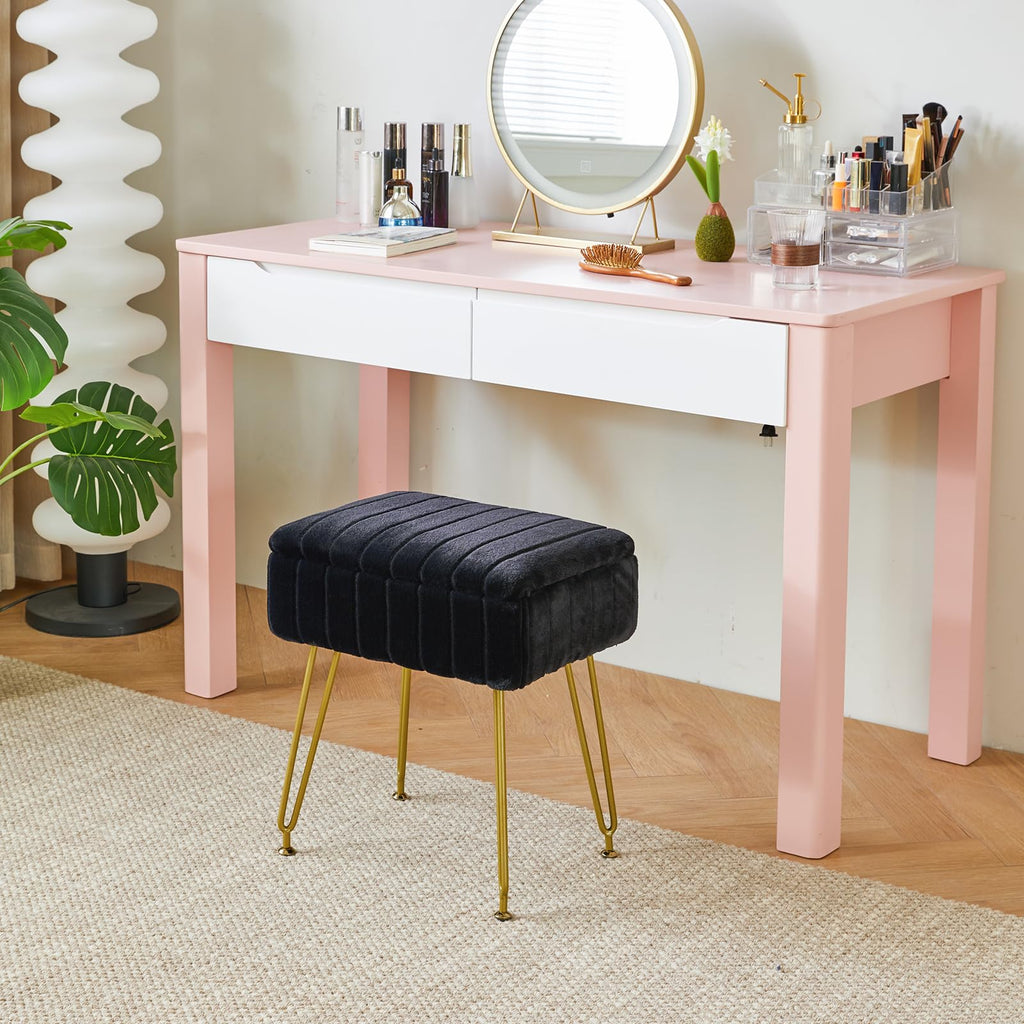 Vanity Stool Chair with Storage, Faux Fur Ottoman, Black