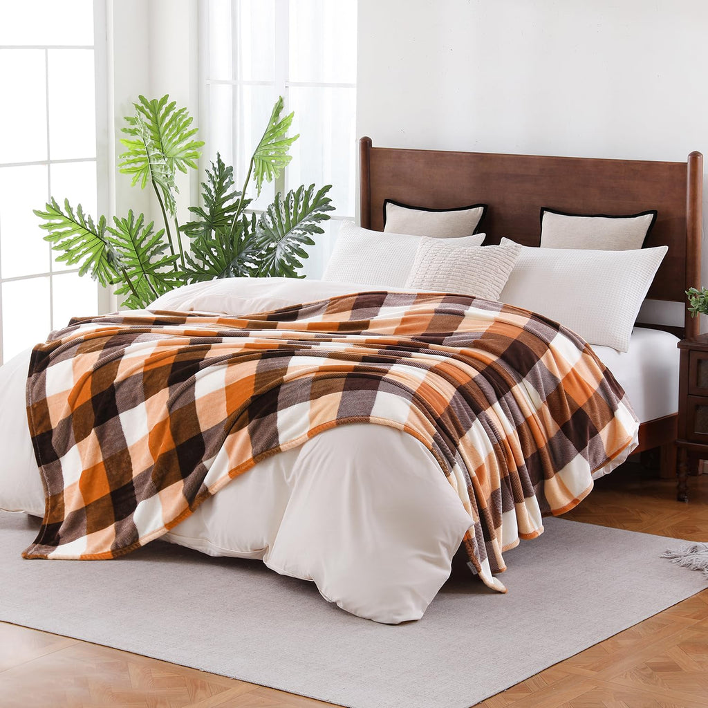 Buffalo Plaid Flannel Fleece Throw Blanket 90 x 108 Inches, Orange