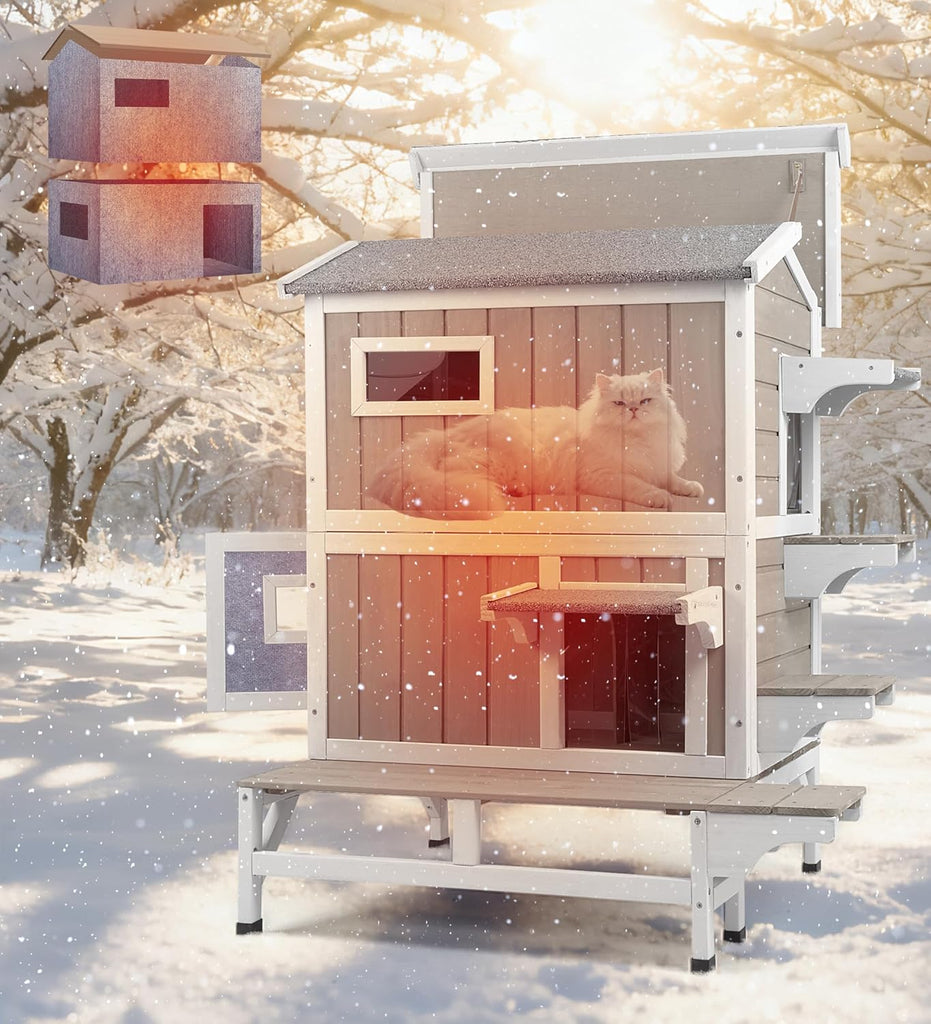 Outdoor Cat House Weatherproof Cats Shelter for Feral Kitten Pet Houses for 1-2 Small Animlas 2 Story Wooden Houses