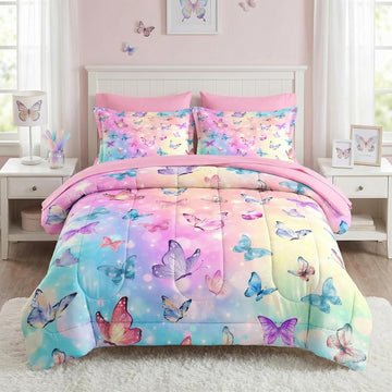 Comforter Set, Pink Blue Butterfly 5 Pcs Bedding for Kids and Adults, Colorful Rainbow Bed Sheet Sets with