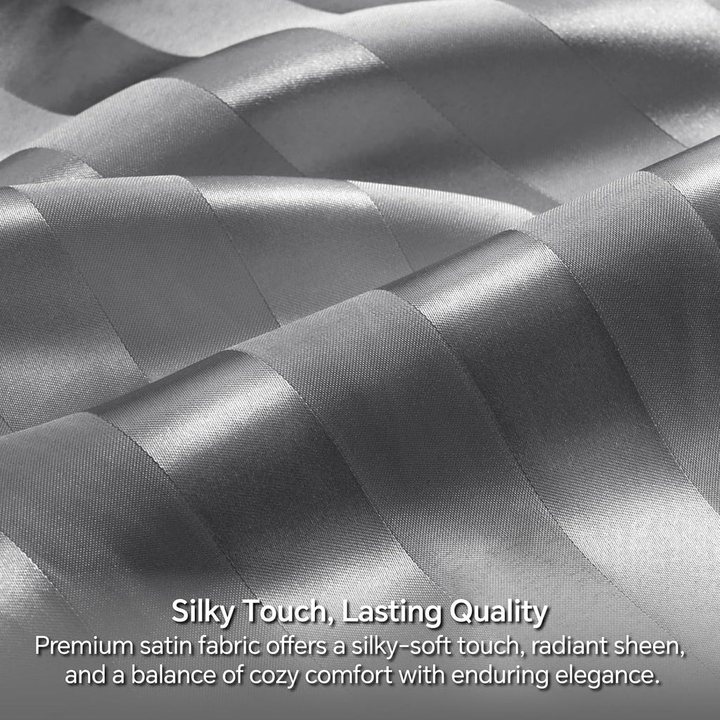 Satin Sheets Queen, Luxury Jacquard Striped Dark Grey Bedsheets with Elastic Corner Straps, Similar to Silk Sheets