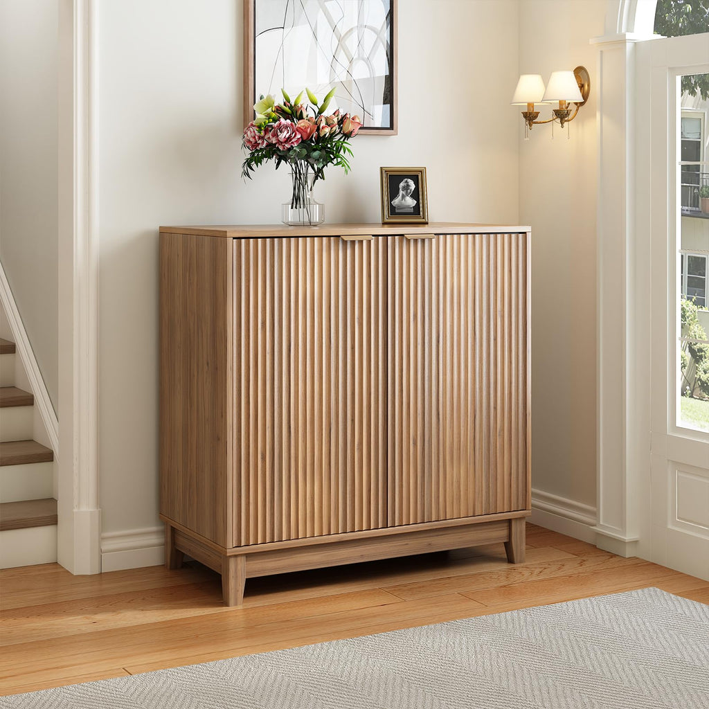 Fluted Accent Cabinet with Doors and Shelves Modern Wood Storage Cabinet Living Room Mid-Century Sideboard Credenza