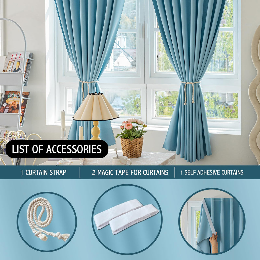 Magic Tape Stick on Curtains Blackout Curtains no Drillng Self Adhesive Curtain no Rod Small Window (Sky Blue, 59" W