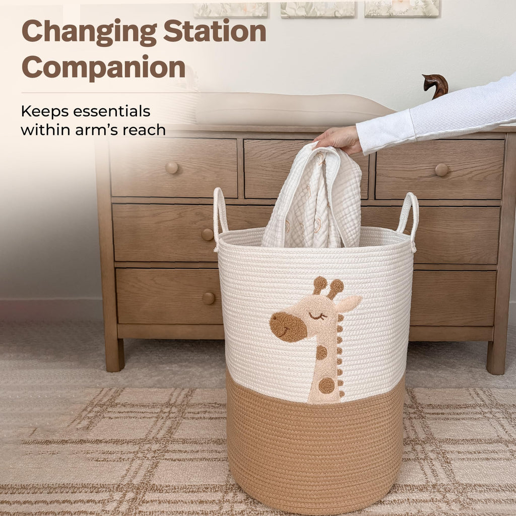 Giraffe Baby Laundry Basket, Tall Woven Rope Nursery Hamper, 20x15 in