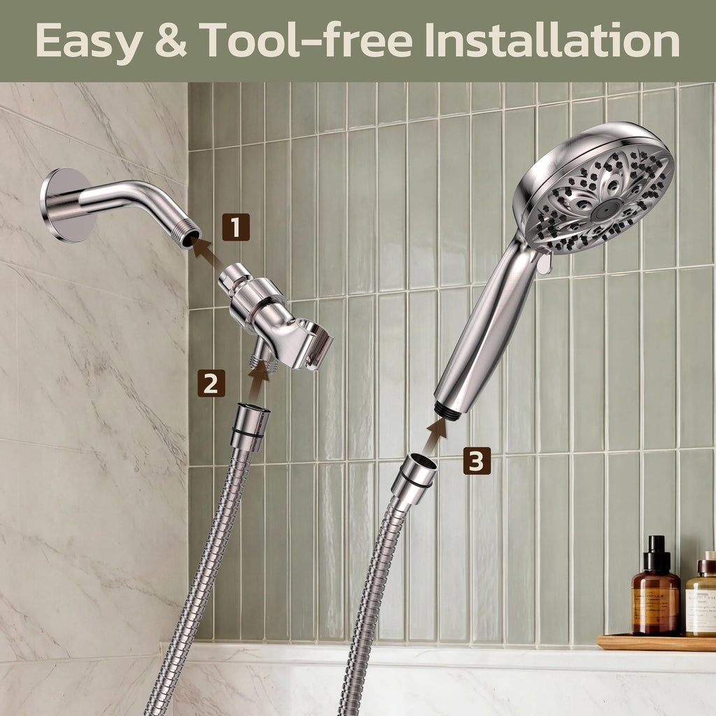 Handheld Shower Head, 6 Spray Settings, Brushed Nickel Finish