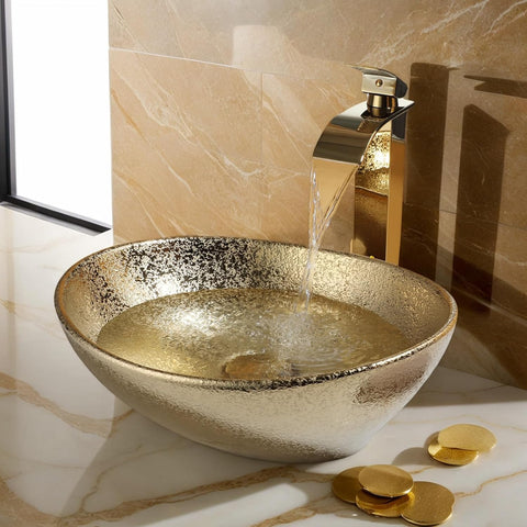 16" Gold Bathroom Sink Ceramic Vessel Sinks for Bathrooms Above Counter Bathroom Sink Oval Vessel Sink with Faucet and