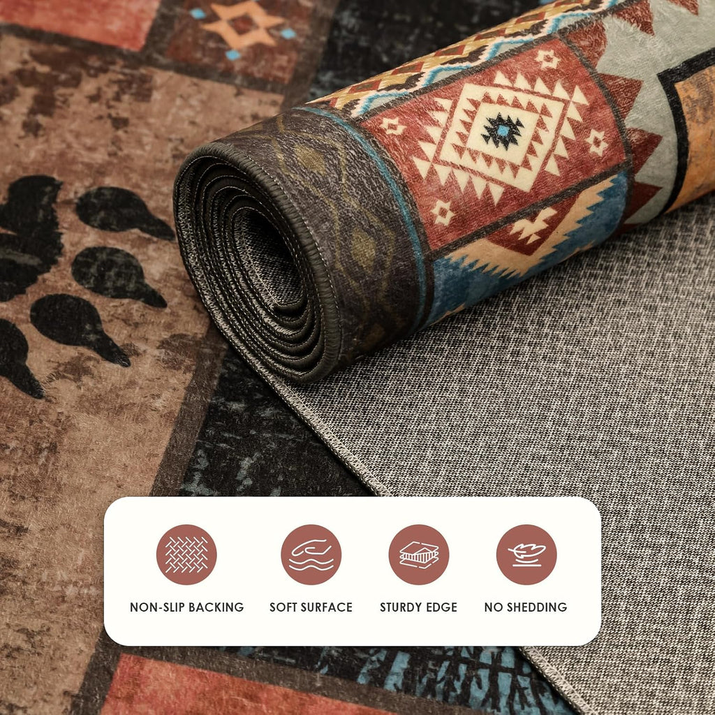 Rustic Cabin Area Rug, Washable Southwestern Country Lodge Bear Rug, Non-Slip Low Pile Wildlife Animal Carpet