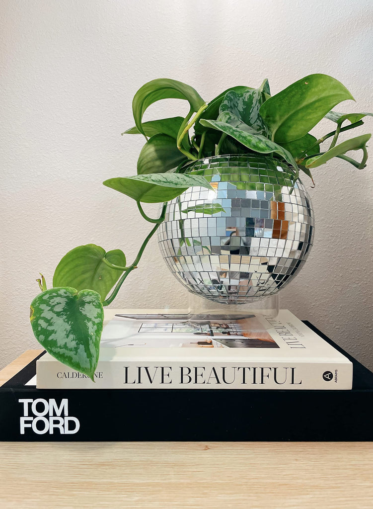 Disco Ball Planter 8" with Acrylic Base and Cotton Macrame Plant Hanger - Décor, Room Décor, Boho Décor, Disco