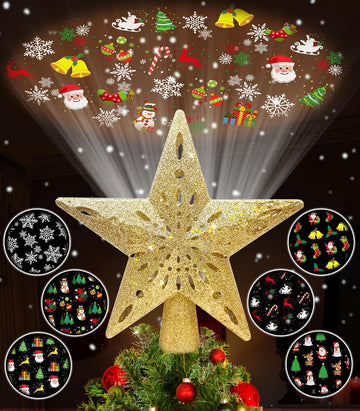 Christmas Tree Topper Lighted,Star Tree Topper with Projector Built-in LED Rotating Lights with 6 Projection Modes,3D