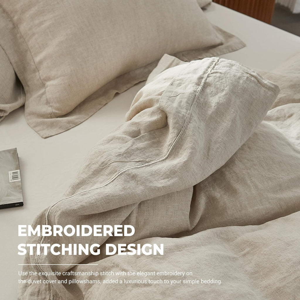 100% Washed Linen Duvet Cover with Embroidered,3 Pieces Soft Farmhouse Comforter Set with Button Closure,1 Duvet