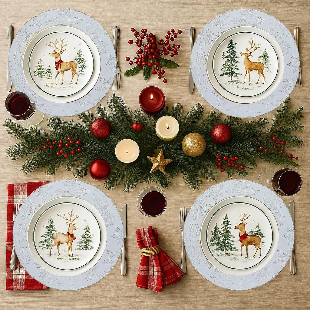 Christmas Snowflakes White Charger Plates, 13 Inch Set of 6 Chargers for Dinner Plates, Parties, Holiday Table