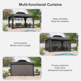 12' X 14' Patio Gazebo with Light Permanent Hardtop Gazebo with Metal Roof for Outdoor Lawn and Garden Grey