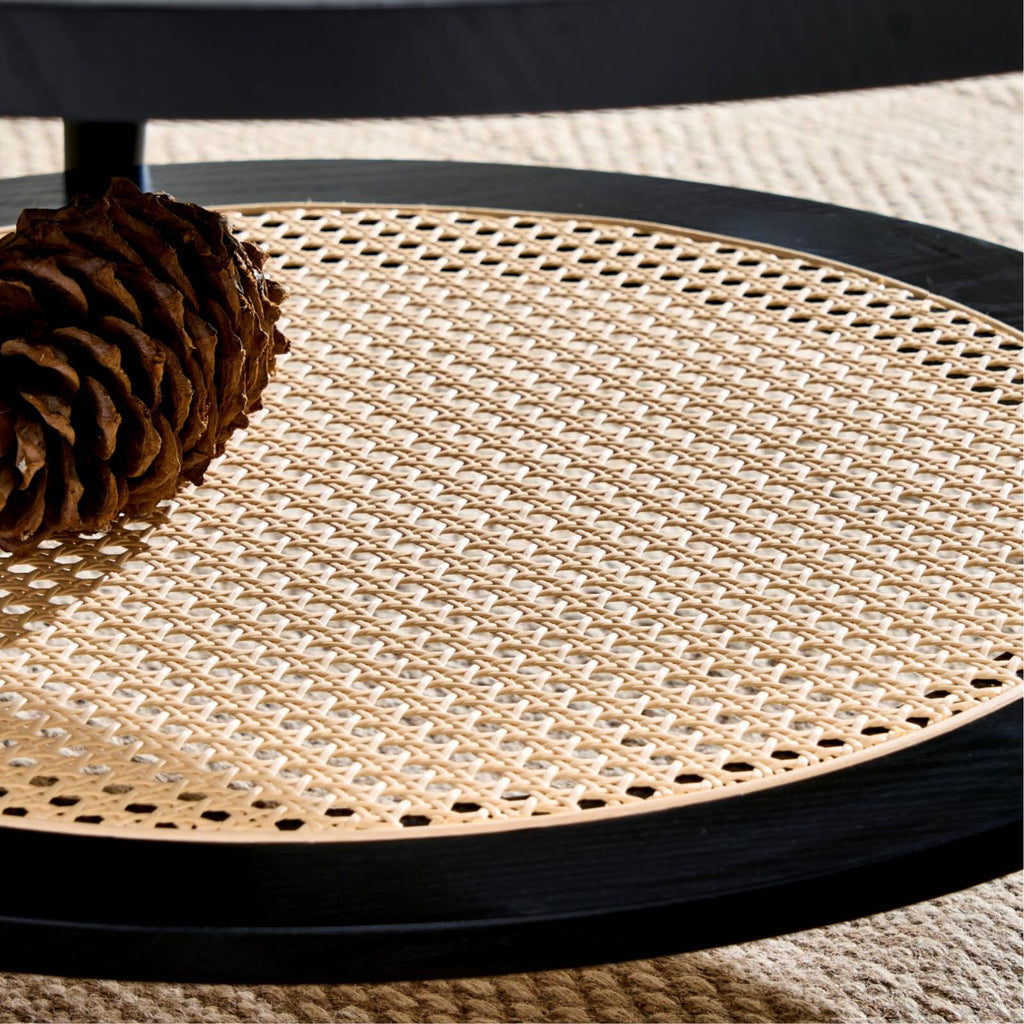 Mossi Wood and Rattan Coffee Table, Mid Century Modern Round Coffee Table, 2-Tier Boho Center Table for Small Space