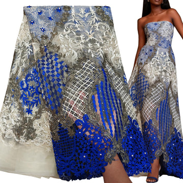 Fashion African Lace Fabric 5 Yards Royal Blue Floral Tulle Rhinestones Embroidery with Beads Nigerian Wedding Party